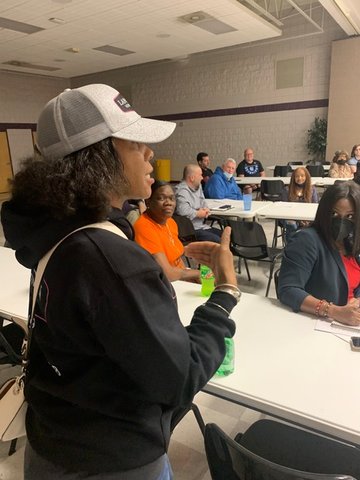 Former Fayetteville City Councilwoman Tisha Waddell talks during a meeting Tuesday at the Honeycutt Recreation Center where residents discussed their options regarding a proposed halfway house on Cain Road.
