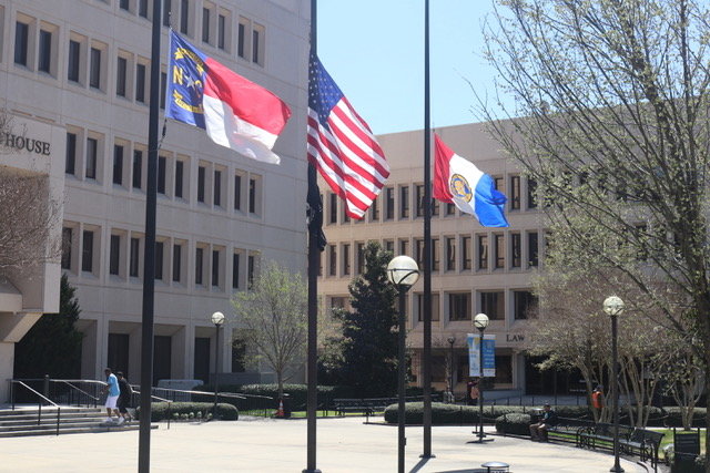 State, national and county flags fly at half-staff in honor and memory of late county Sheriff Earl ‘Moose’ Butler at the Judge E. Maurice Braswell Cumberland County Courthouse and the Cumberland County Sheriff’s Office.