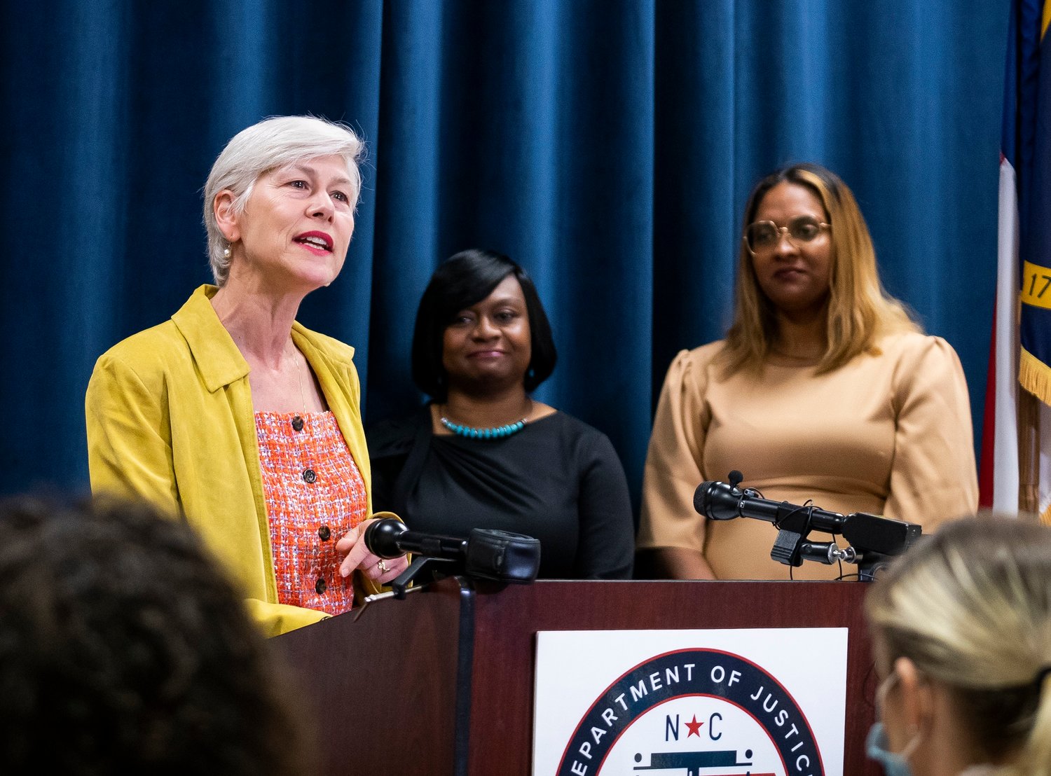 U.S. Rep. Deborah Ross, D-Raleigh, speaks at a news conference at the North Carolina Department of Justice on Thursday to discuss legislation to support resources for survivors of sexual assault and domestic violence. Looking on are Monika Johnson-Hostler, executive director of the North Carolina Coalition Against Sexual Assault (center), and Nisha Williams, legal director of the North Carolina Coalition Against Domestic Violence.