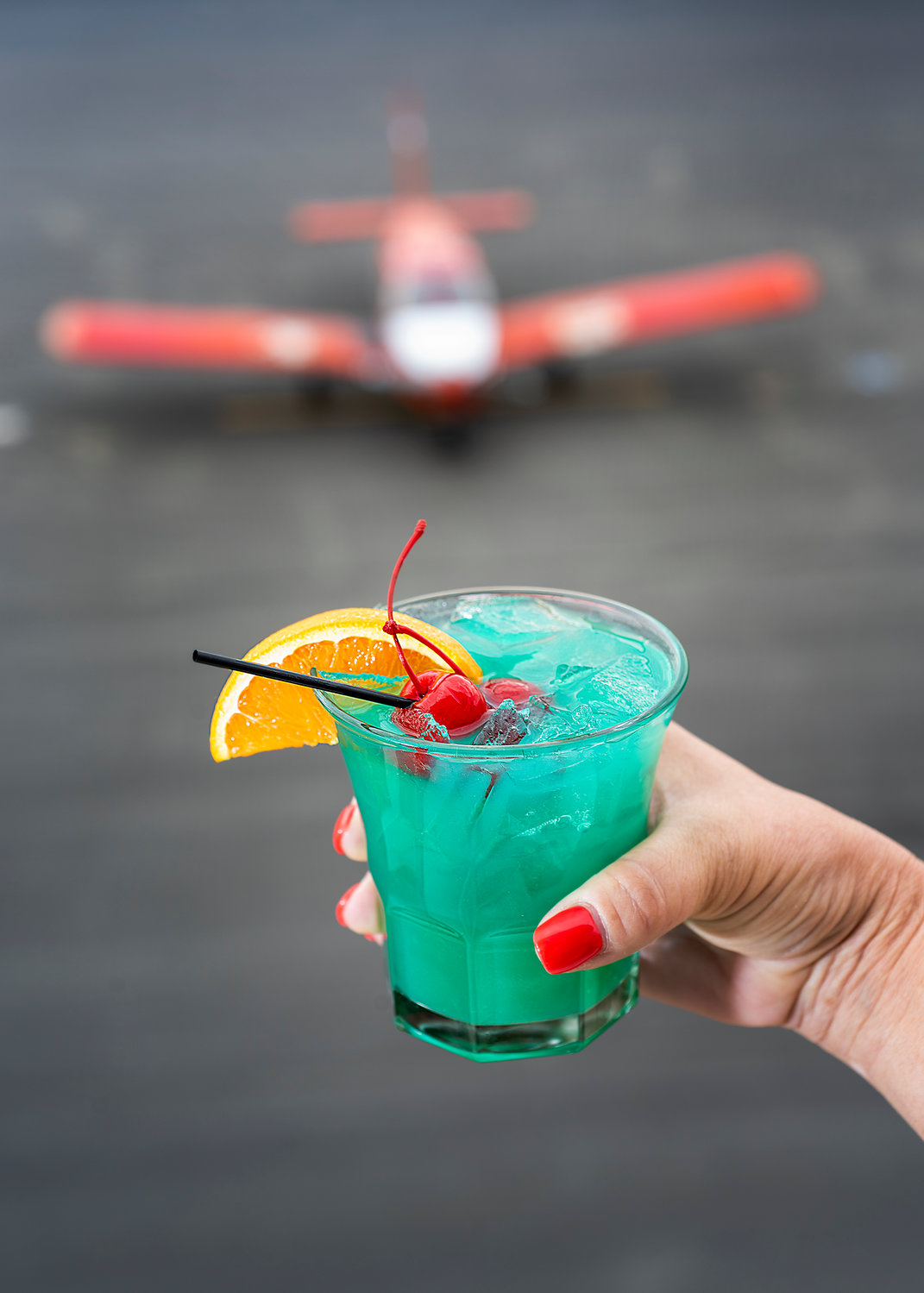 Colorful specialty cocktails have names such as Blue Sky and Top Gun.