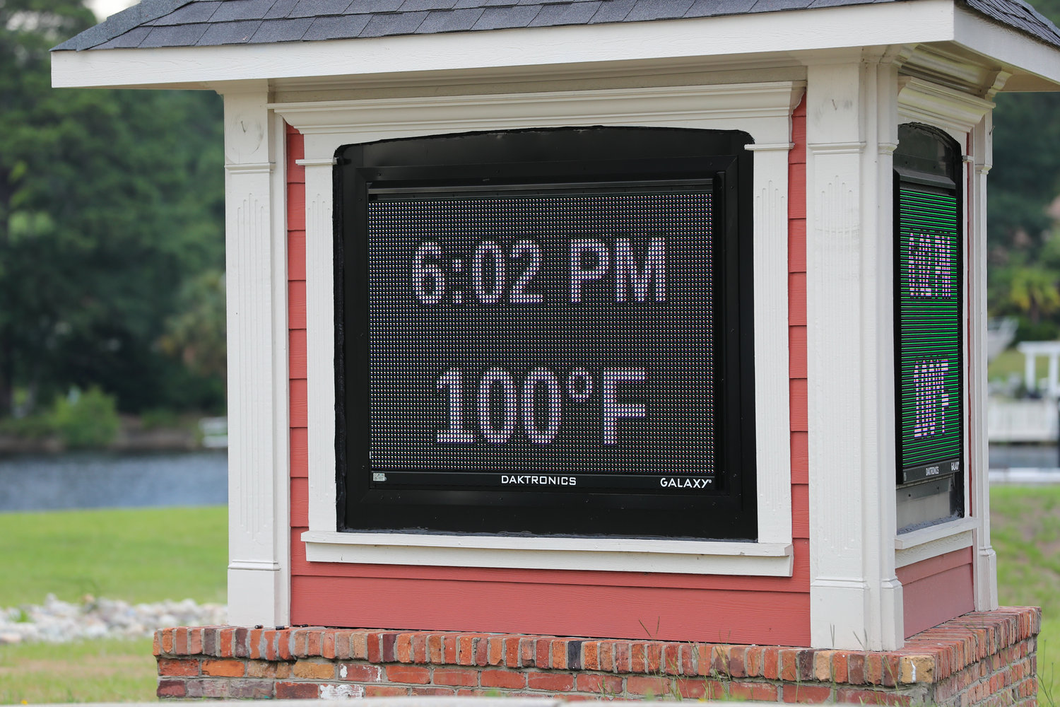 The electronic bulletin board in Hope Mills reflects the high temperature Monday evening. In response to the high temperatures this week, Cumberland County has opened select buildings as cooling stations for those who don’t have air conditioning.