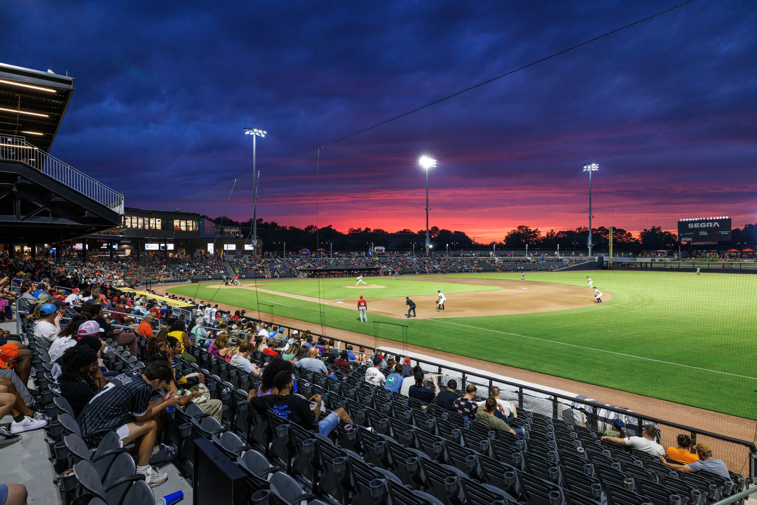 Sunset at Segra Stadium as the Fayetteville Woodpeckers host the Potomac Nationals on June 3, 2022.
