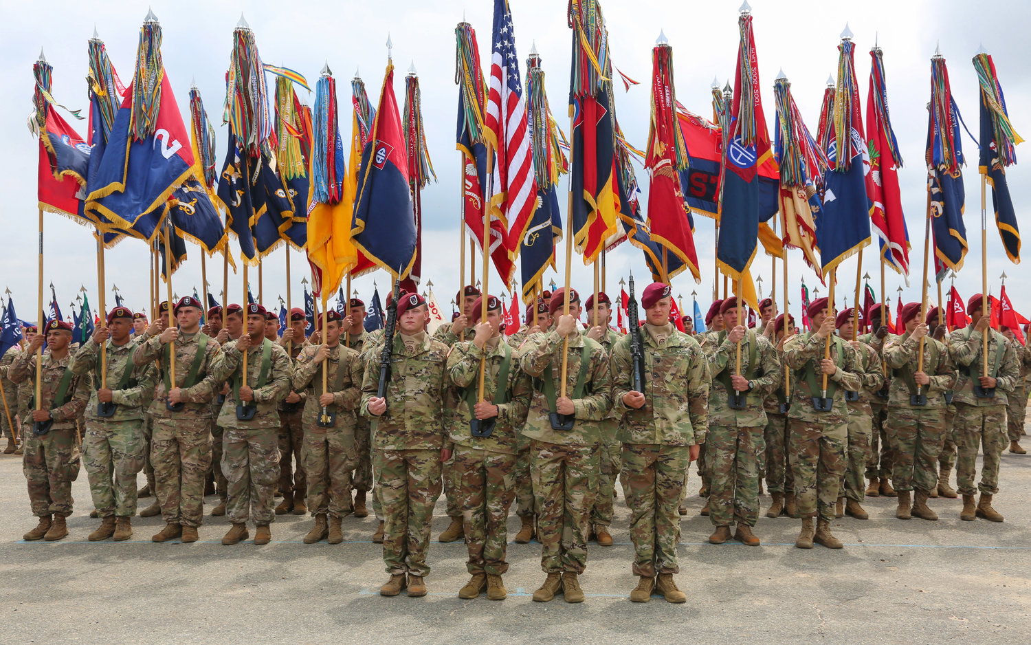 Paratroopers throughout the 82nd Airborne Divison participate in the Airborne Review during All American week in May 2018 at Fort Bragg. Paratroopers past and present converged on Fort Bragg to celebrate being members of the All American Division and America’s Guard of Honor. (U.S. Army photo by Spc. Jada Owens)