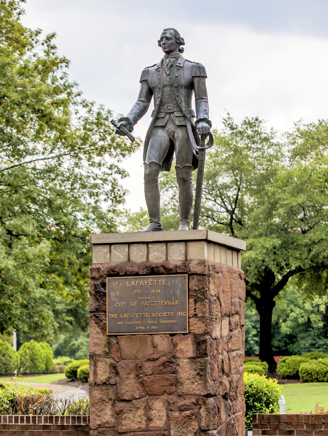 A bronze statue of the Marquis de Lafayette, Fayetteville's namesake