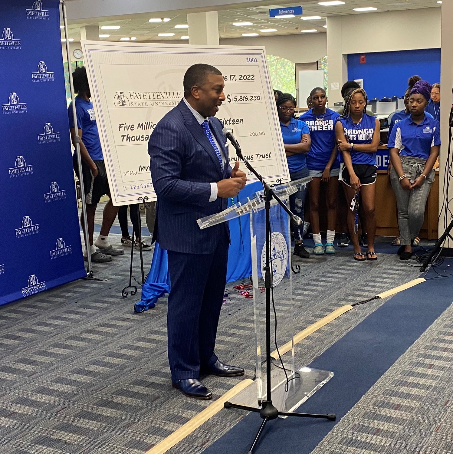 Fayetteville State University Chancellor Darrell Allison on June 17 announces a historic gift of $5.8 million to support key initiatives at the school. It is the largest single private donation in the school’s history.