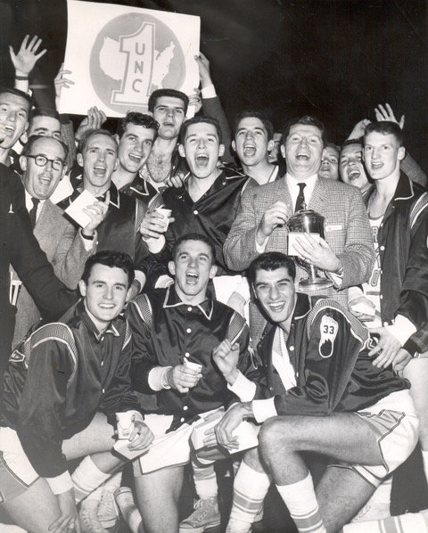 UNC celebrates the NCAA national title and a 32-0 season in 1957.