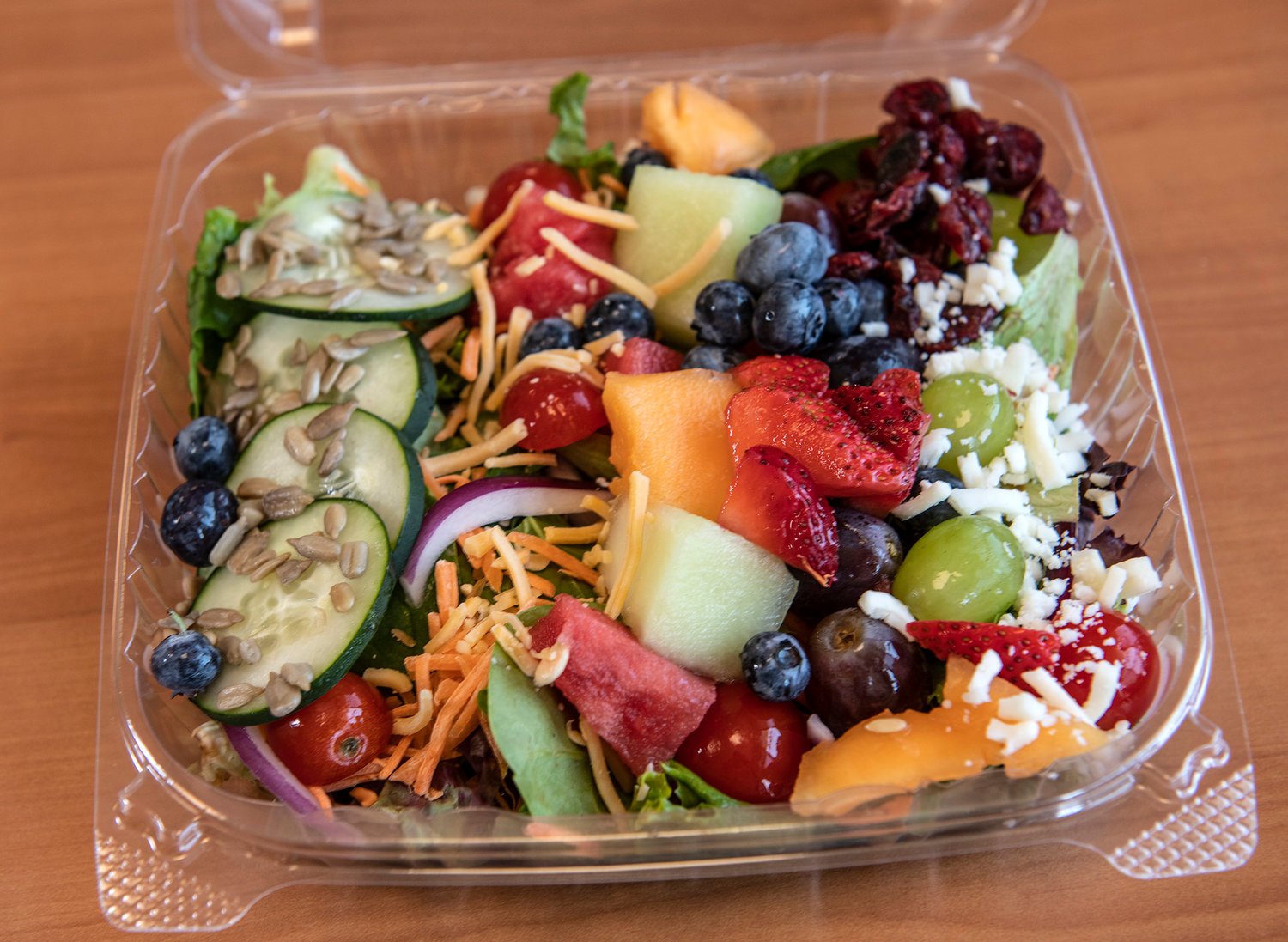 At The Salad Box you can choose from a variety of fresh fruits and vegetables as well as cheeses and protein choices.
