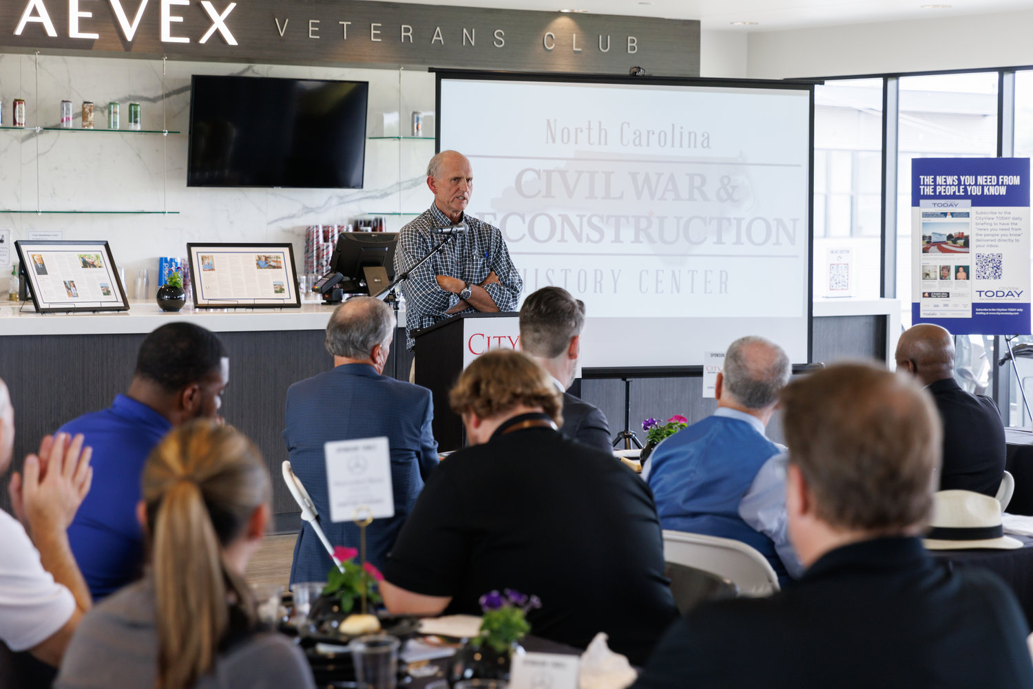 Mac Healy provides an update on the N.C. Civil War & Reconstruction History Center during the 2022 CityView Downtown Visionaries Luncheon Wednesday at Segra Stadium.