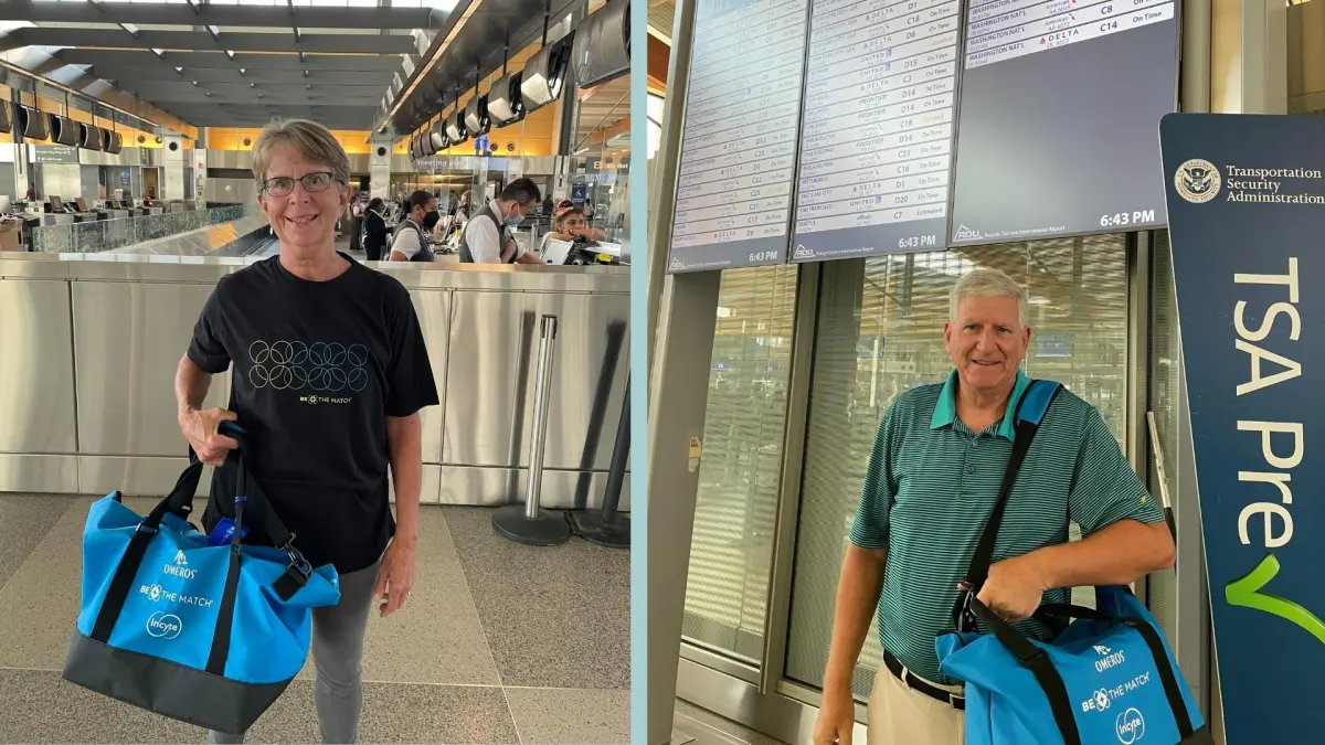 Karon and Leo Mertens, blood stem cell couriers for Be The Match, at Raleigh-Durham International Airport. They have served as volunteer couriers since January 2020.