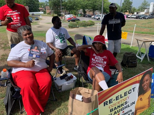 Yvonne Kinston, left, Tyrone Williams and Courtney Banks-McLaughlin were among the Fayetteville City Council candidates who turned out for early voting Thursday at the Cumberland County Board of Elections.