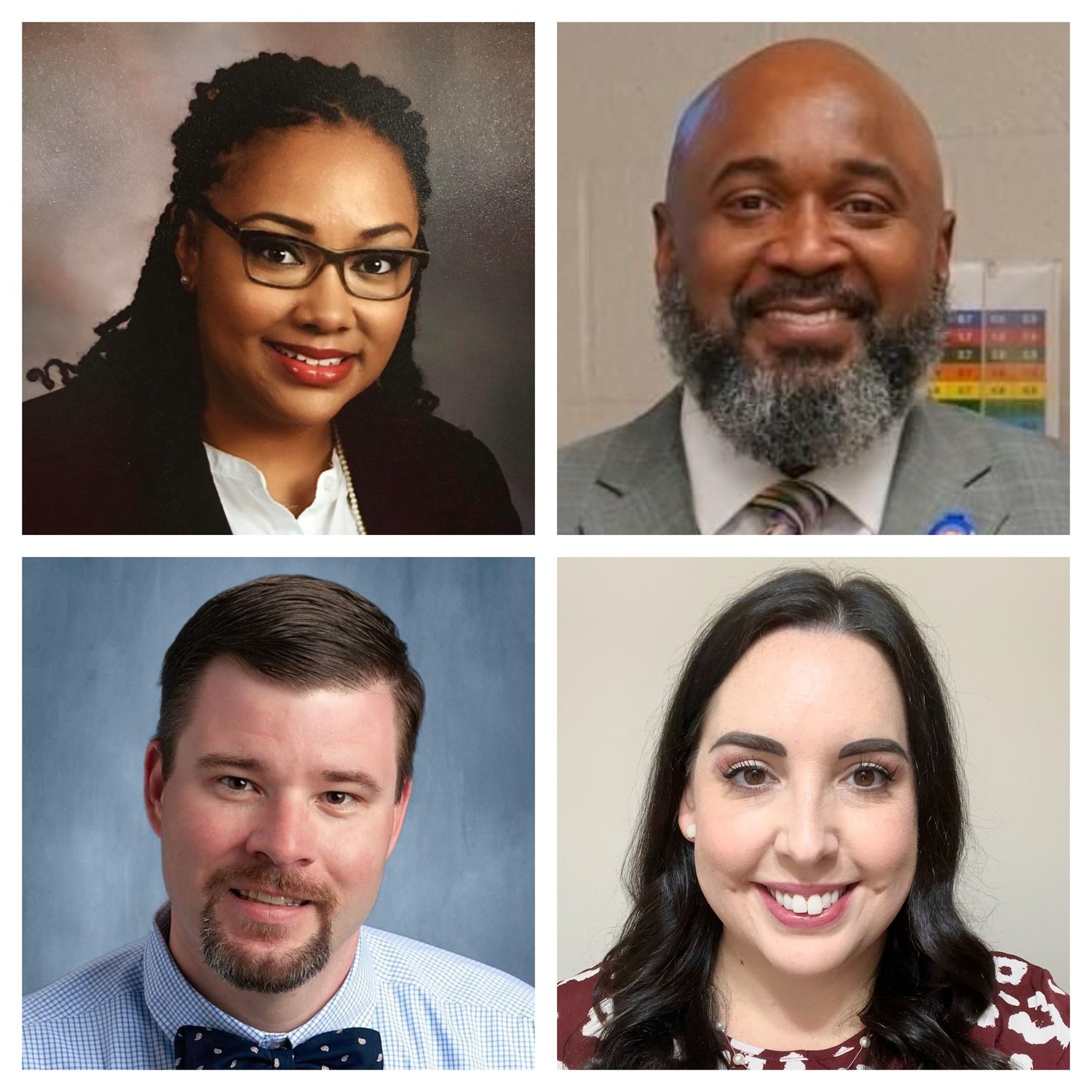 Clockwise from top left: Tyson Johnson is the new principal of Reid Ross Classical School; Larry Parker, at E.E. Smith High School; Amy McDowell, at Cumberland Mills Elementary School; and Douglas Massengill, Massey Hill Classical High School.