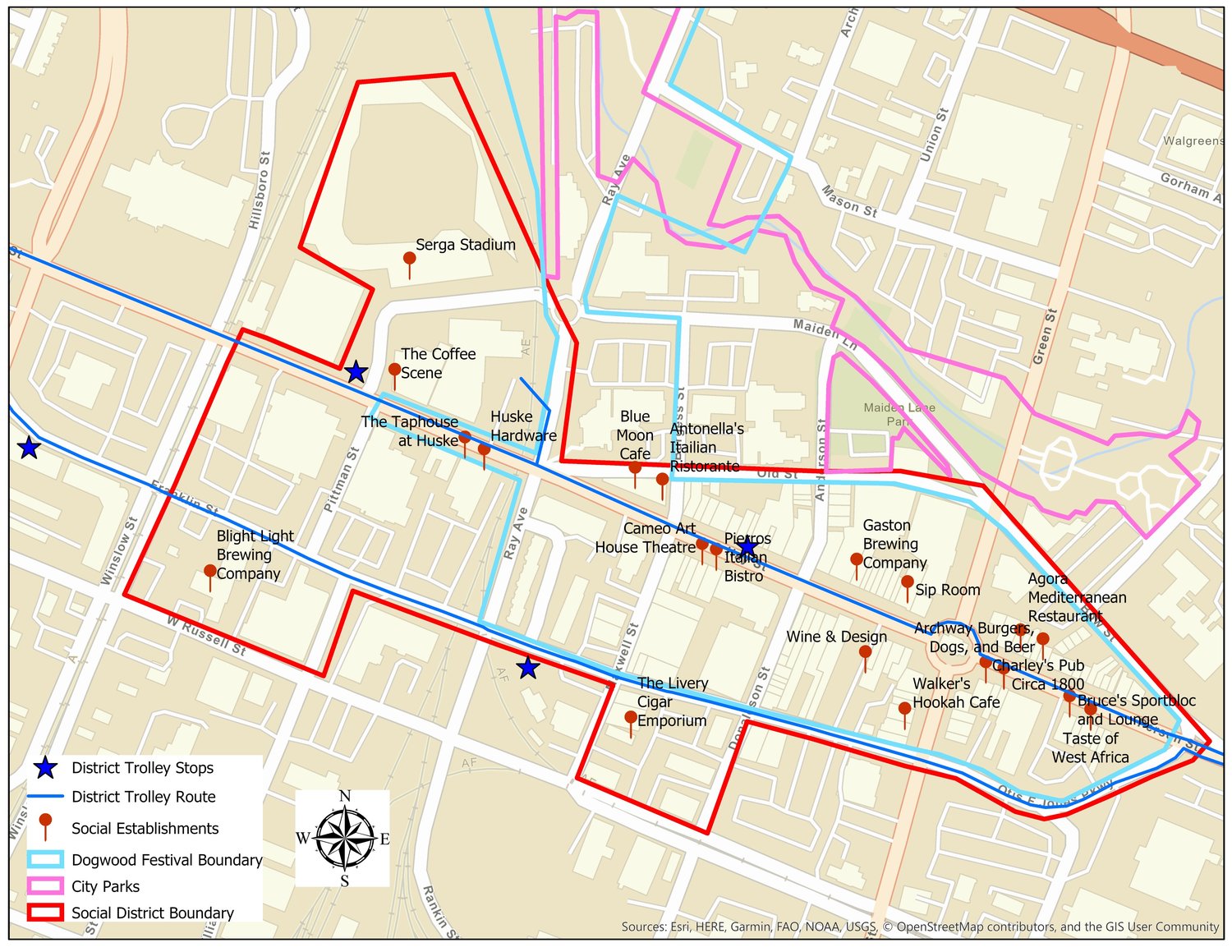 A map shows the boundaries of the trial social district for downtown Fayetteville.