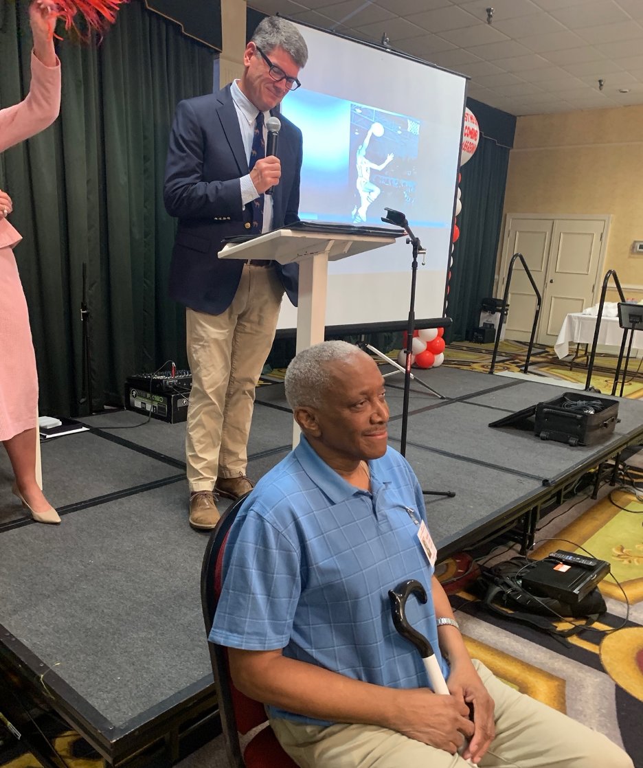 ‘It is with great pride that Campbell University inducts Marshall Lovett into its Athletics Hall of Fame,’ Associate Athletic Director Stan Cole tells the former basketball and track and field athlete. Lovett was inducted during the Seventy-First High School 1972 and 1971 class reunion on Saturday night.