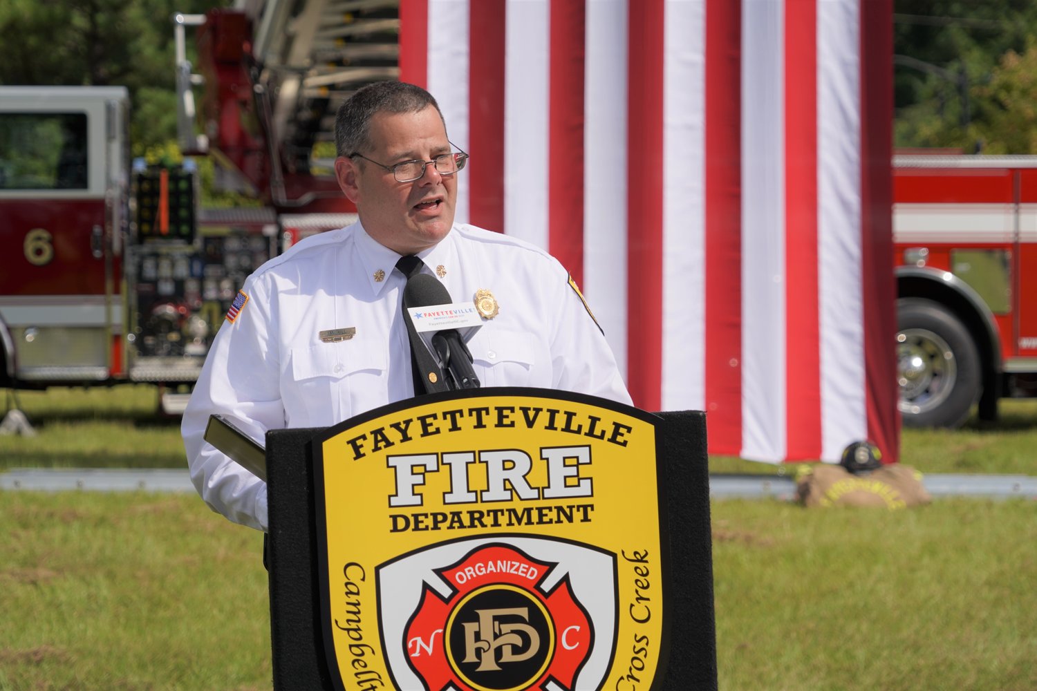 Fayetteville Fire Chief Mike Hill speaks during the groundbreaking for a new Fire Station No. 4 on Bragg Boulevard on Tuesday.