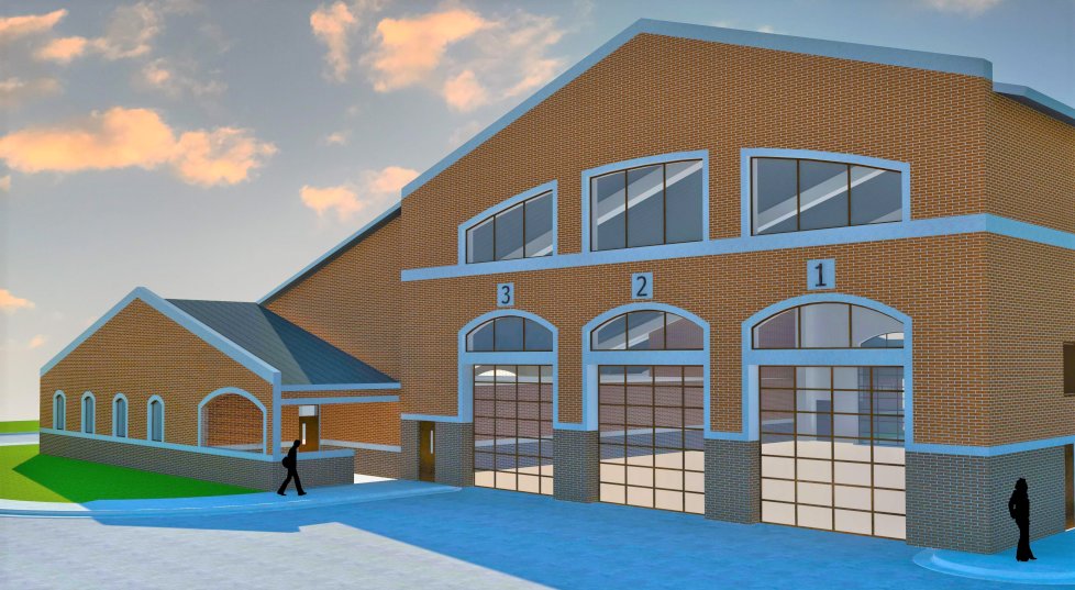 An architectural rendering shows the new fire station that will accommodate as many as 10 firefighters on duty at a time.
