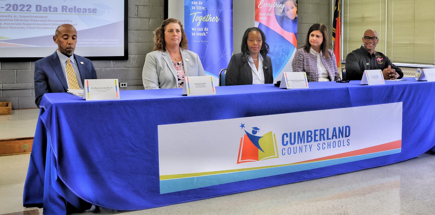 Superintendent Marvin Connelly Jr. and Kim Nash, executive director of data and accountability, lead a report on Cumberland County Schools student proficiency levels on Thursday..