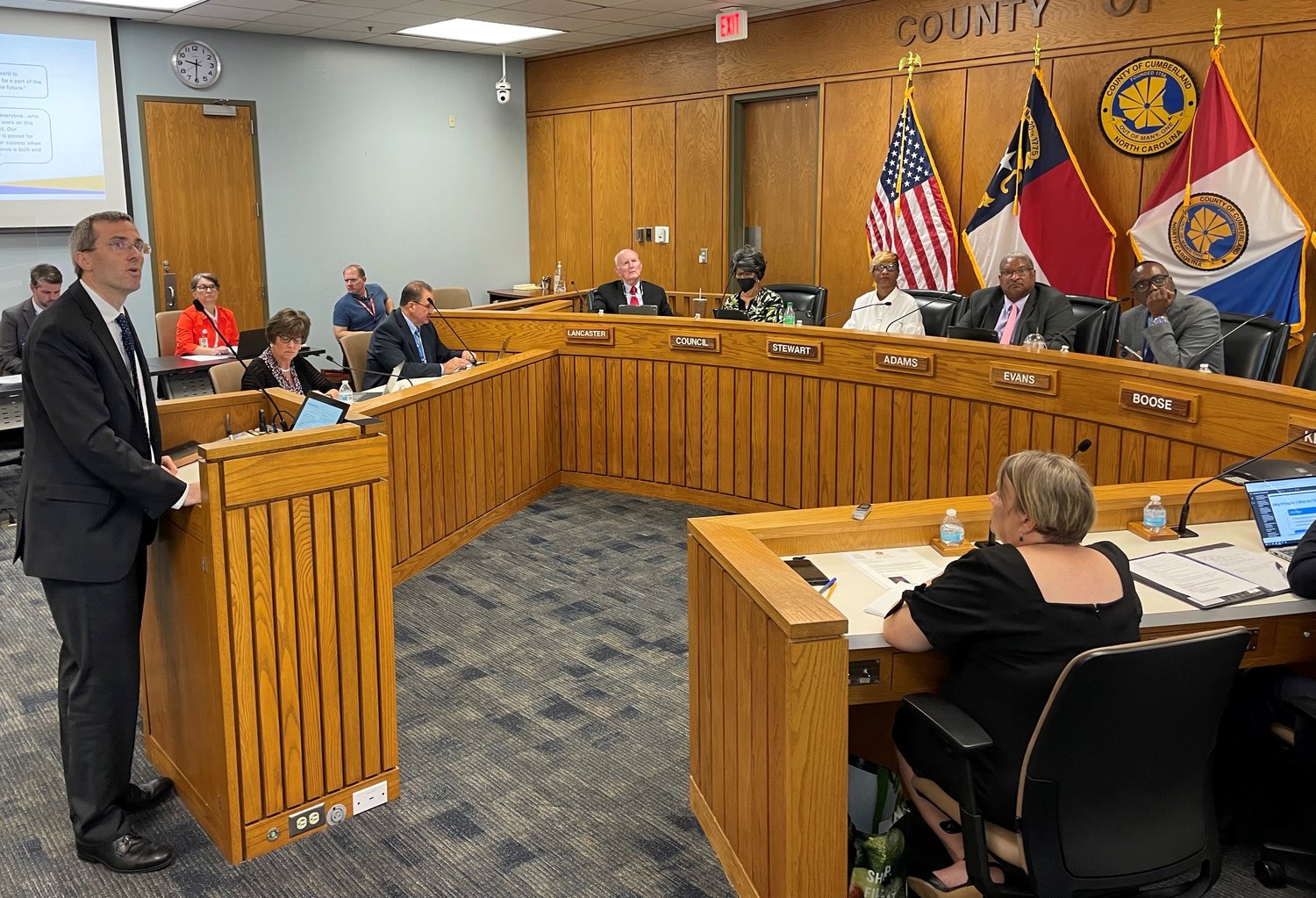 Matt Desilver with MBP Carolinas reviews the 'guiding principles' for the proposed Crown Even Center with the Board of Commissioners on Tuesday.