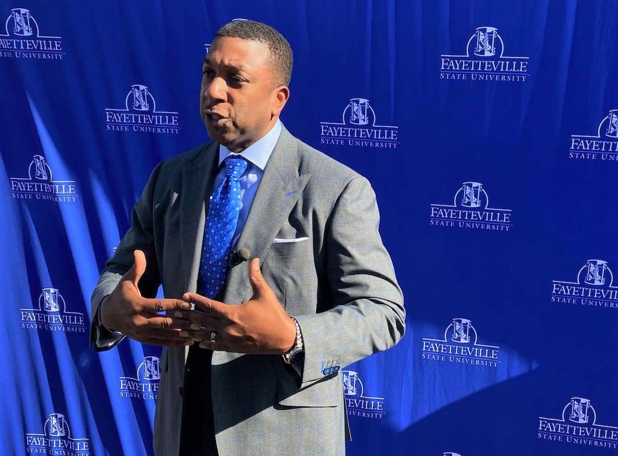 Fayetteville State University Chancellor Darrell T. Allison speaks at a news conference Thursday where officials announced that new tenants are coming to the renamed Bronco Midtown business center.