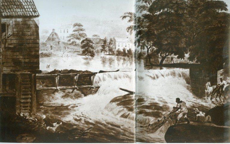 This is the oldest known painting of the mill dam on Green Street in Fayetteville.