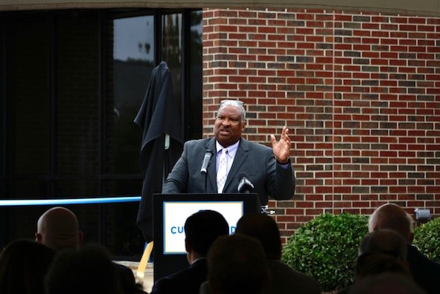 Glenn Adams, chairman of the Cumberland County Board of Commissioners, addresses the crowd during a ribbon-cutting for the county’s new 911 emergency operations center on Wednesday.