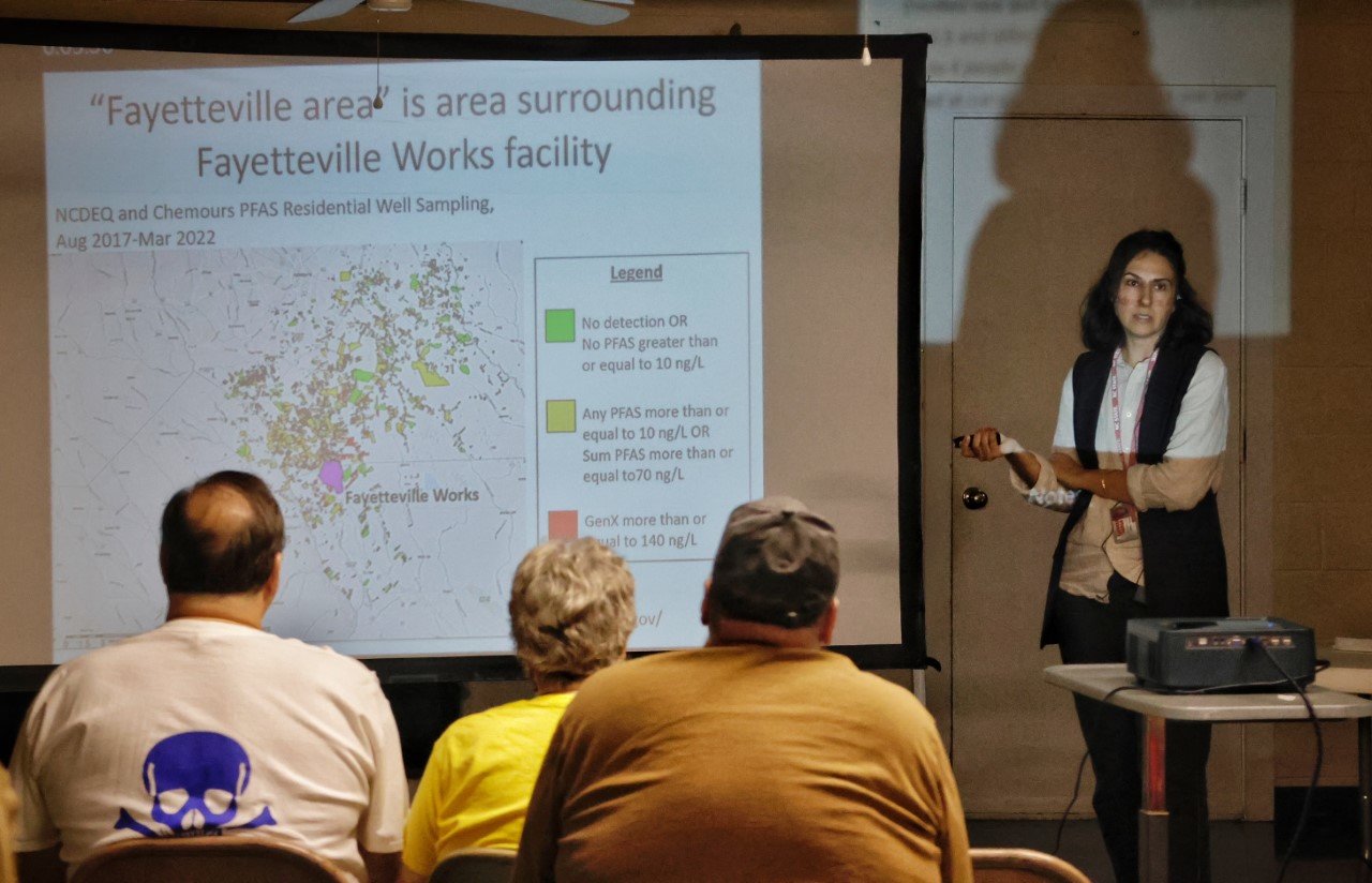 Nadine Kotlarz, a researcher from N.C. State’s Center for Human Health and Environment, met with approximately 30 area residents at the Gray’s Creek Community Center on School Road on Wednesday. She and other researchers reviewed information about recent blood test results and answered questions.