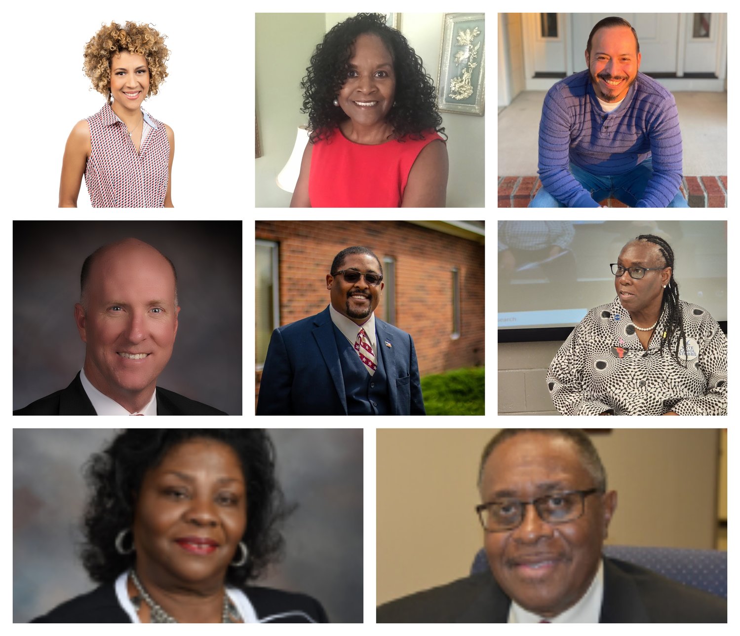 From top left, Julissa Jumper, Jacquelyn Brown, John Ornelas, Greg West, Nyrell Melvin, Carol Stubbs, Judy Musgrave and Charles McKellar are running for three at-large seats on the Cumberland County school board.