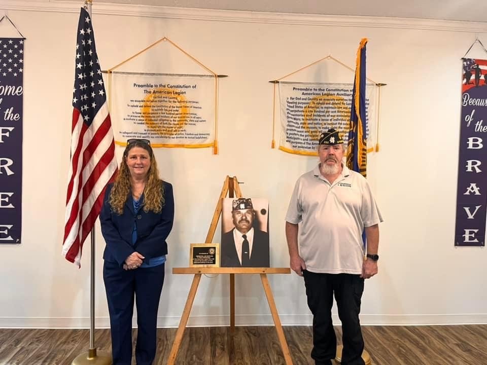 American Legion Post 230 was dedicated to Herschel Lee Boyd, a long-time member who donated the property to the organization. He served as post commander for 10 years and was known throughout town through his business Boyd’s Upholstery. He died on May 21 at age 86. Pictured are his daughter Sandra Weaver and Post Commander Armand Caron.