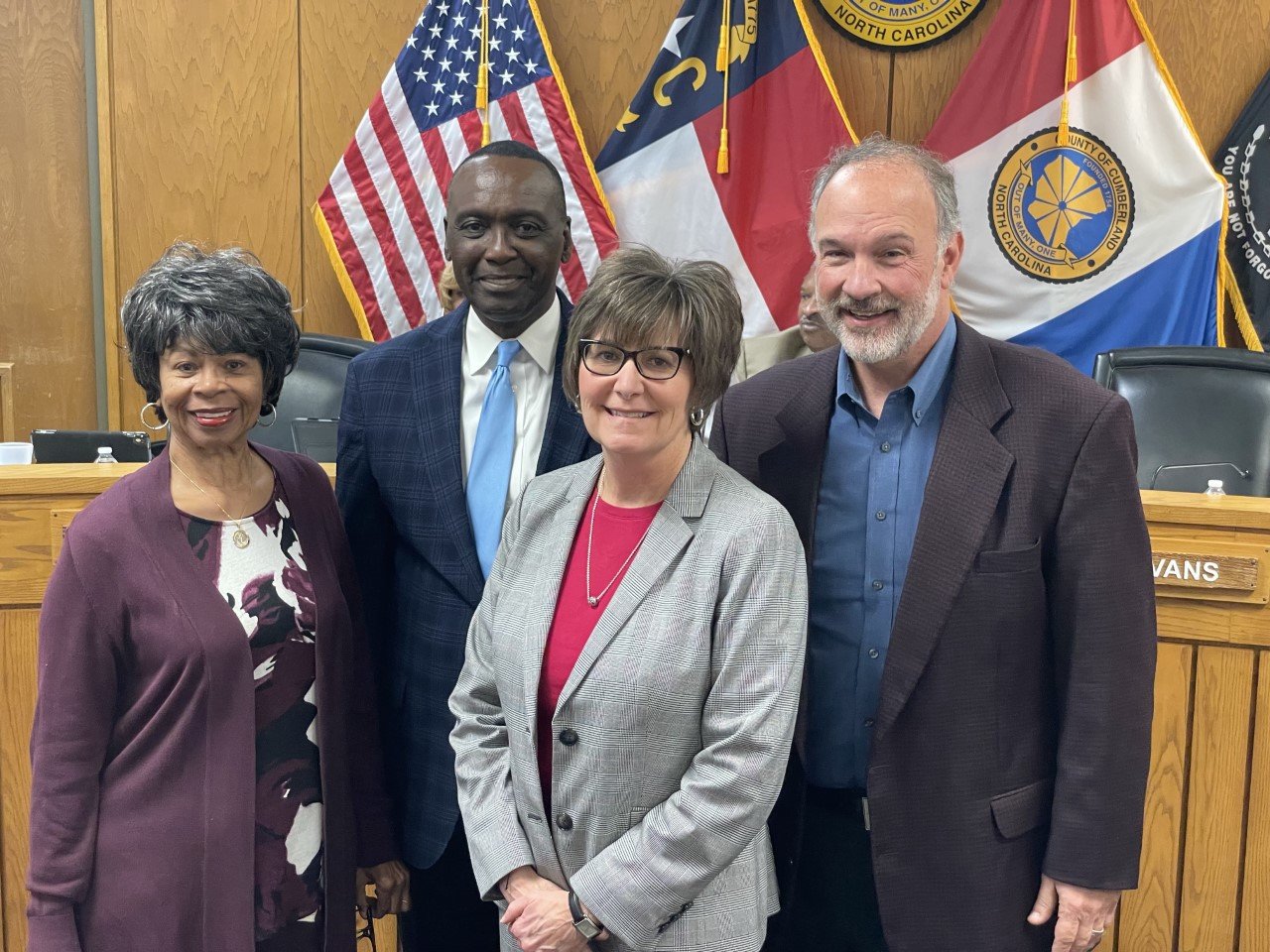 The Cumberland County Board of Commissioners honored County Manager Amy Cannon, who is retiring in December, for her service to the county. Commissioners Jeannette Council, Charles Evans and Jimmy Keefe made the presentation because they were on the board when Cannon was hired as manager.