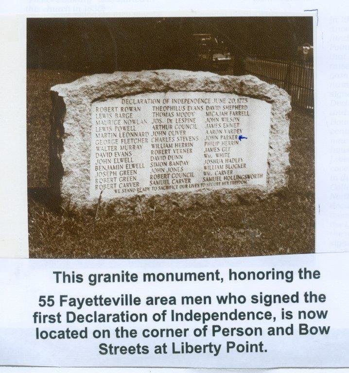 In 1775, a declaration of independence known as the Liberty Point Resolves was signed at what was later called Liberty Point on the corner of Person and Bow streets in Fayetteville. There is now a granite monument on that site that bears the names of the signers.