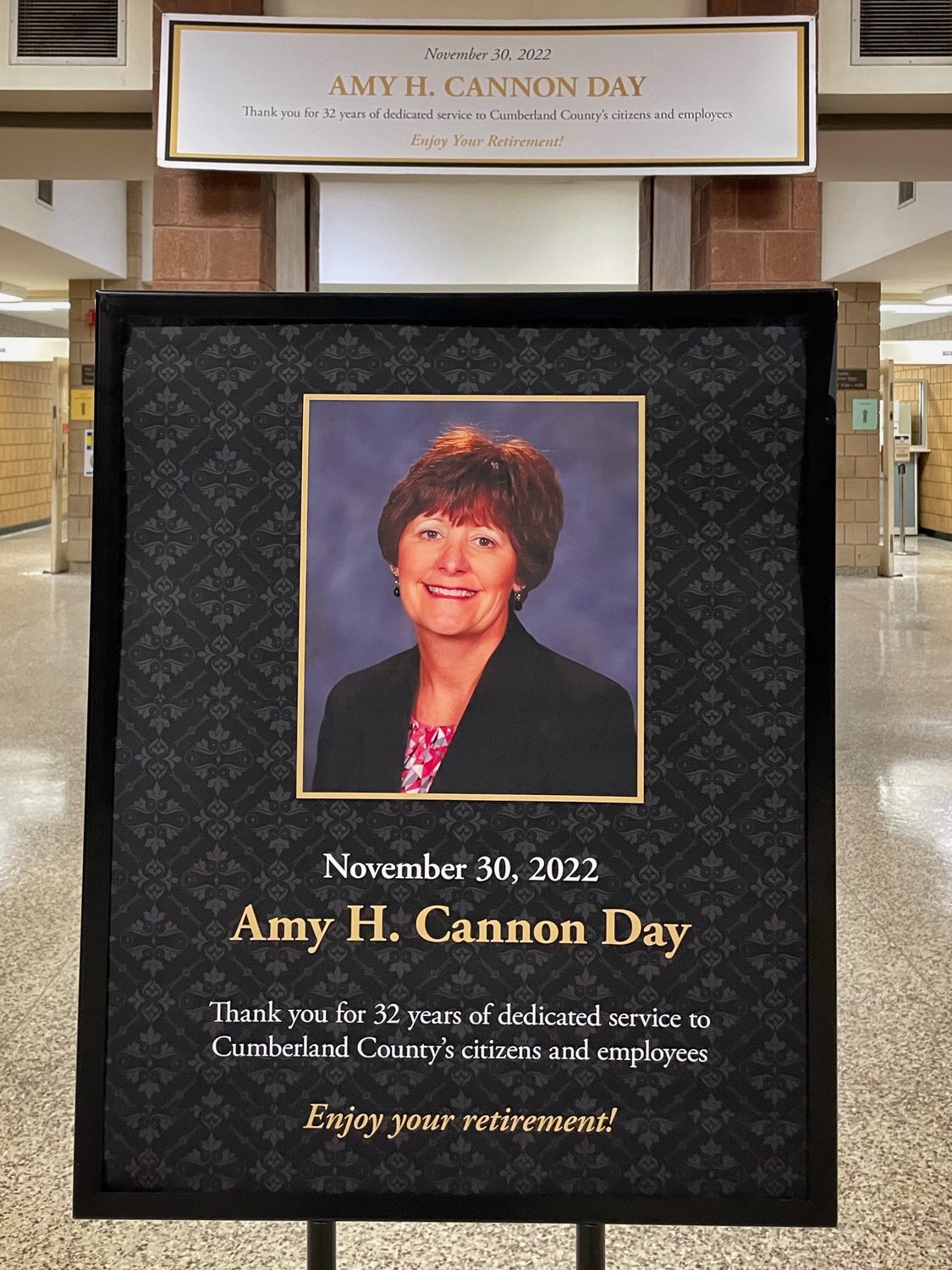 A poster at the Cumberland County Courthouse proclaims Amy H. Cannon Day on Nov. 30.