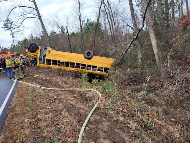 Cumberland County Schools Bus 43 flipped over along Slocomb Road on Thursday morning, according to the Sheriff's Office.