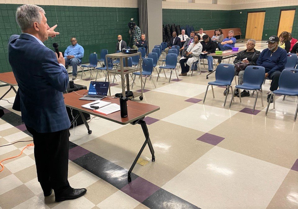 Ron Teachman of ShotSpotter speaks at a public forum on the gunshot-detection technology Wednesday at Smith Recreation Center. The Fayetteville City Council is considering implementing the system here.