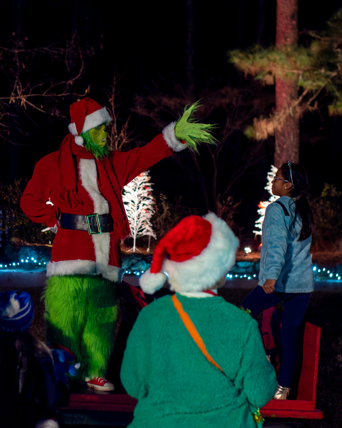 The Grinch welcomes attendees onto his sled at Holiday Lights at the Garden