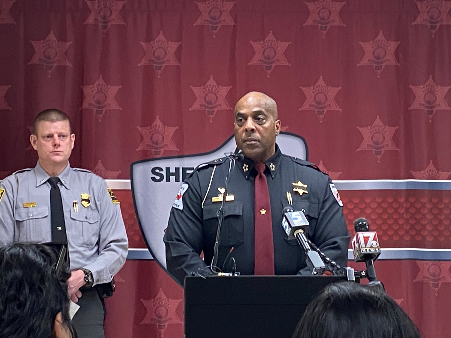 Cumberland County Sheriff Ennis Wright speaks during a news conference Friday about the death of Deputy Oscar Yovani Bolanos-Anavisca Jr., who died early Friday after being struck by a vehicle on Gillespie Street while investigating a robbery report.