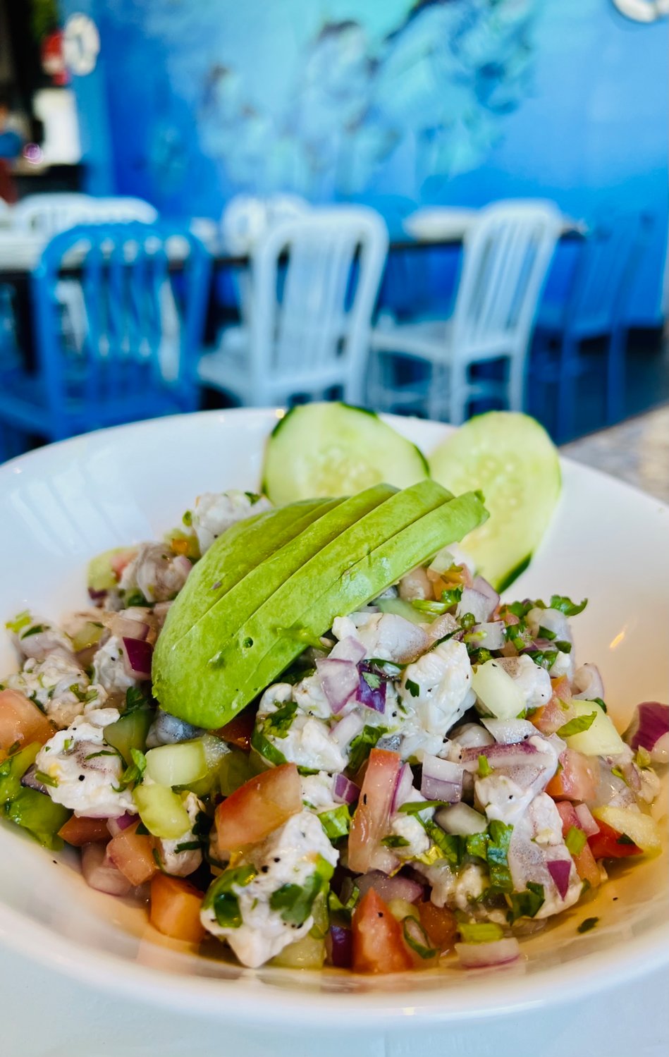 La Perla features several types of ceviche, including shrimp, which is large enough to share.