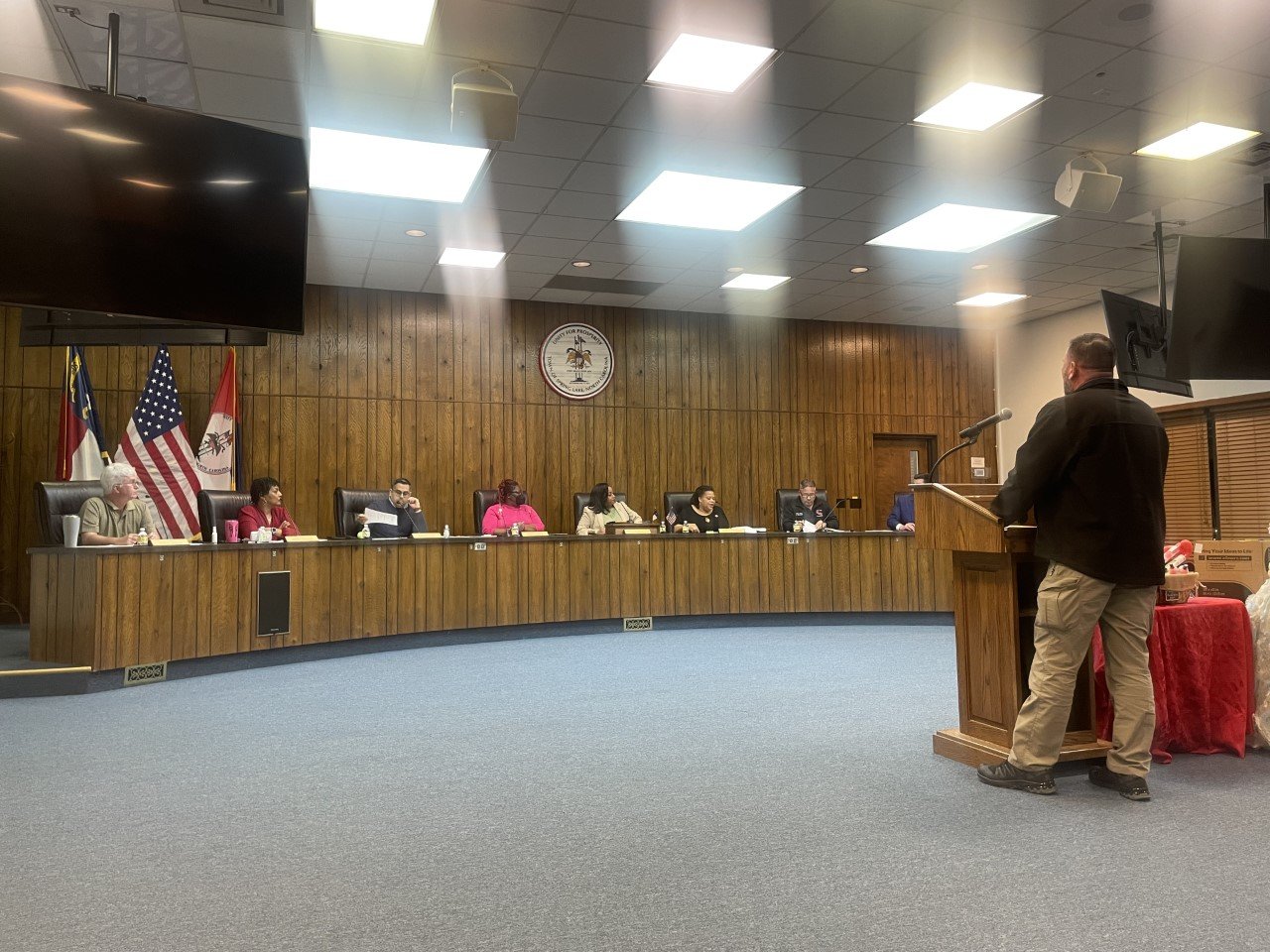 A member of the Spring Lake Police Department talks to the Board of Aldermen about the Governor's Highway Safety program on Monday.
