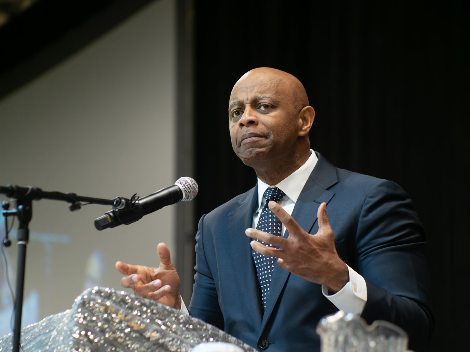 Dr. Eric Mansfield delivers the keynote address Monday during the 30th Martin Luther King Jr. Prayer Brunch at the Crown Exposition Center.