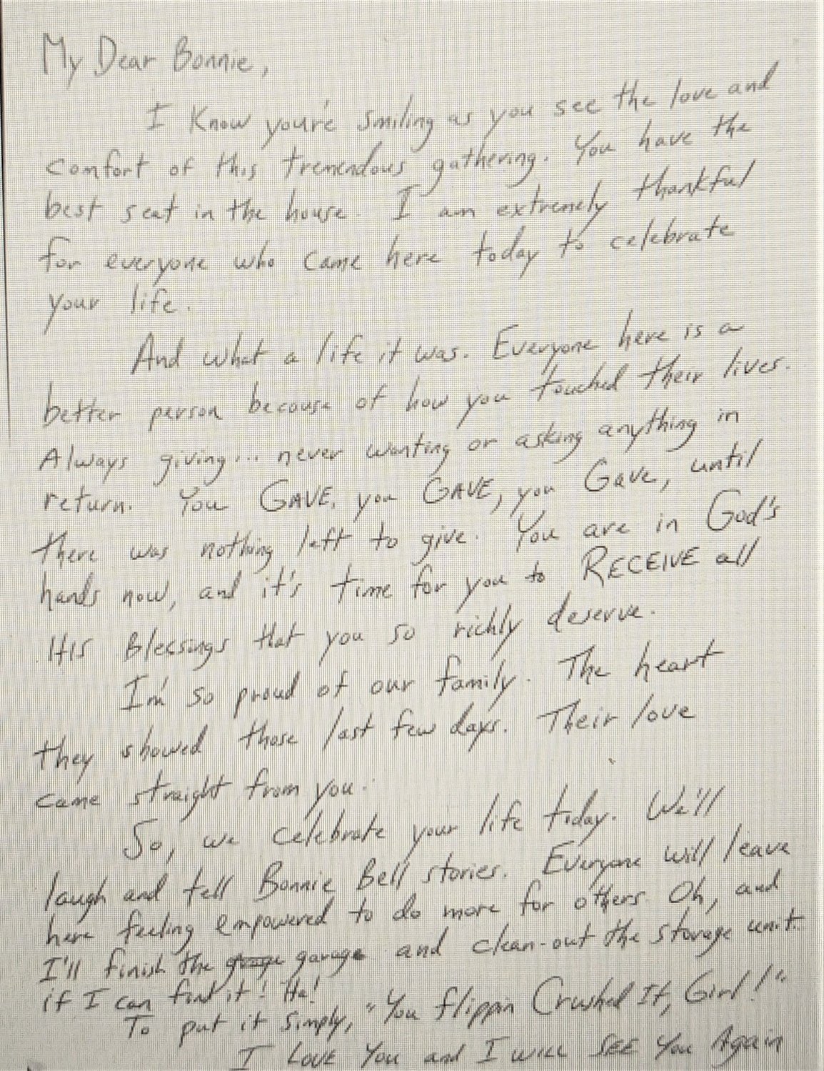 A last letter hand-written by Pat McGowan to his wife, Bonnie Bell McGowan, who died at age 68 on Jan. 12.