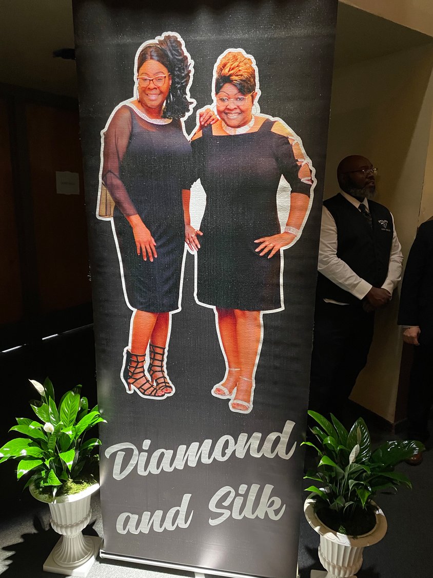A poster on display at the service for Lynette Diamond Hardaway on Saturday at the Crown Theatre.