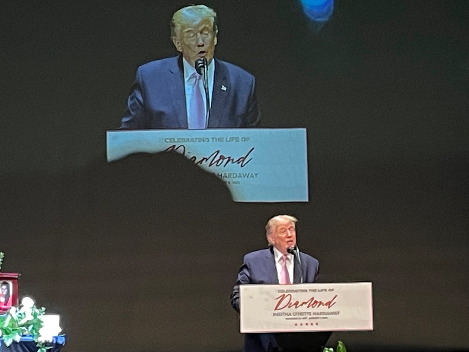 Former President Donald Trump speaks of his gratitude for the late Lynette Hardaway during a celebration of life service Saturday at the Crown Theatre. Hardaway teamed with her sister Rochelle Richardson as social-media and cable-TV commentators Diamond and Silk.