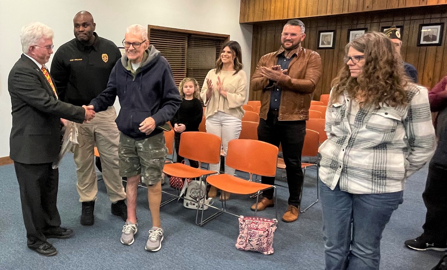 Retired Sgt. Maj. Charles L. Miller was presented with a plaque, town coin and handmade quilt during the Spring Lake Board of Aldermen meeting on Monday night.