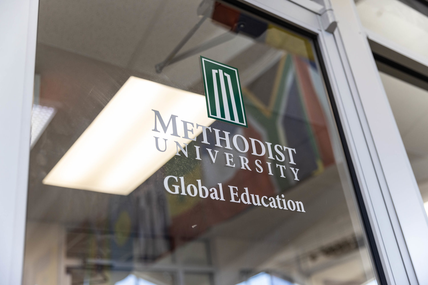 Front entrance of Methodist University's Global Education Center inside the Berns Student Center.
