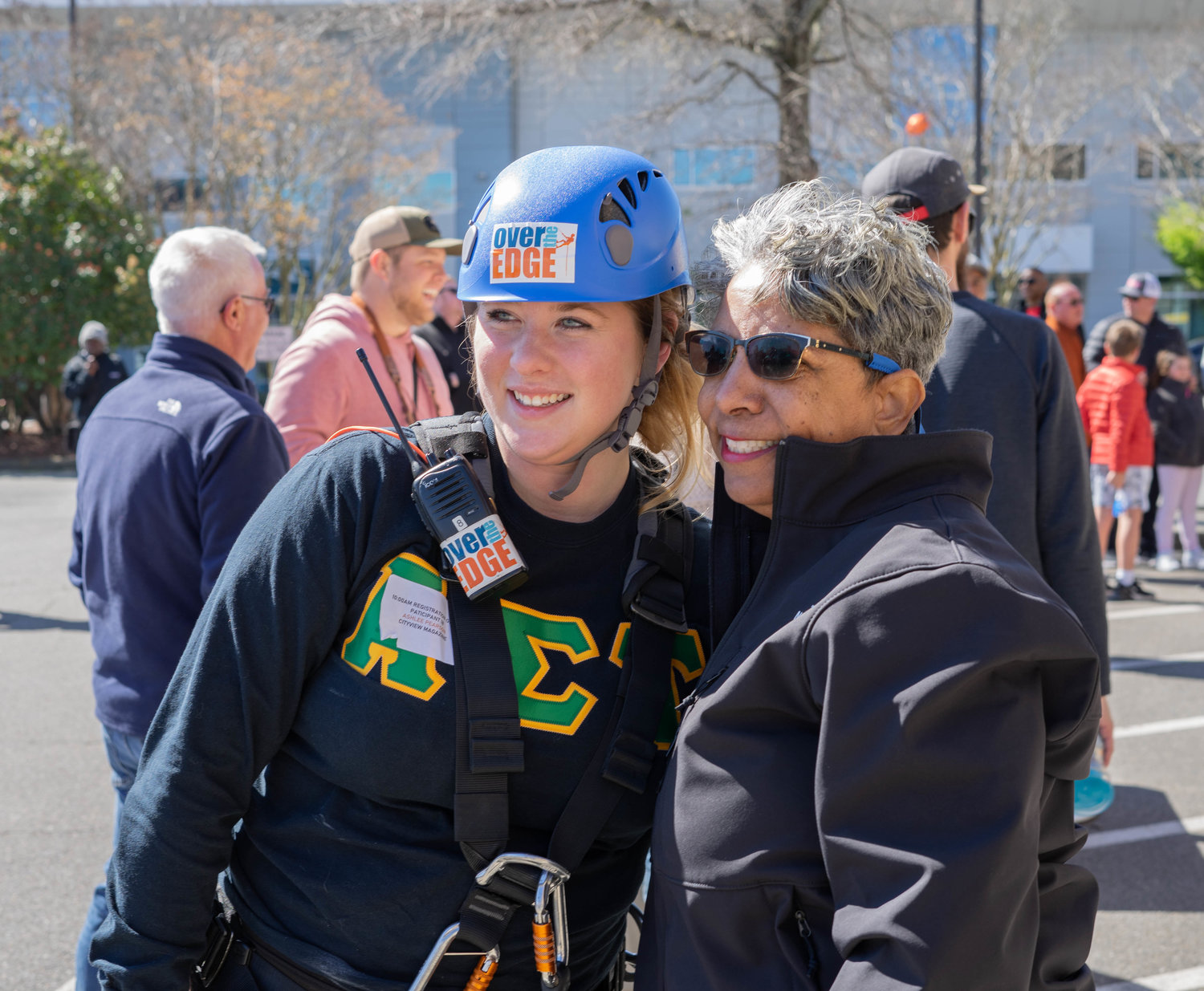 Ashlee Pearson of CityView Media and Alisa Debnam take part in the Over the Edge, a United Way fundraiser.