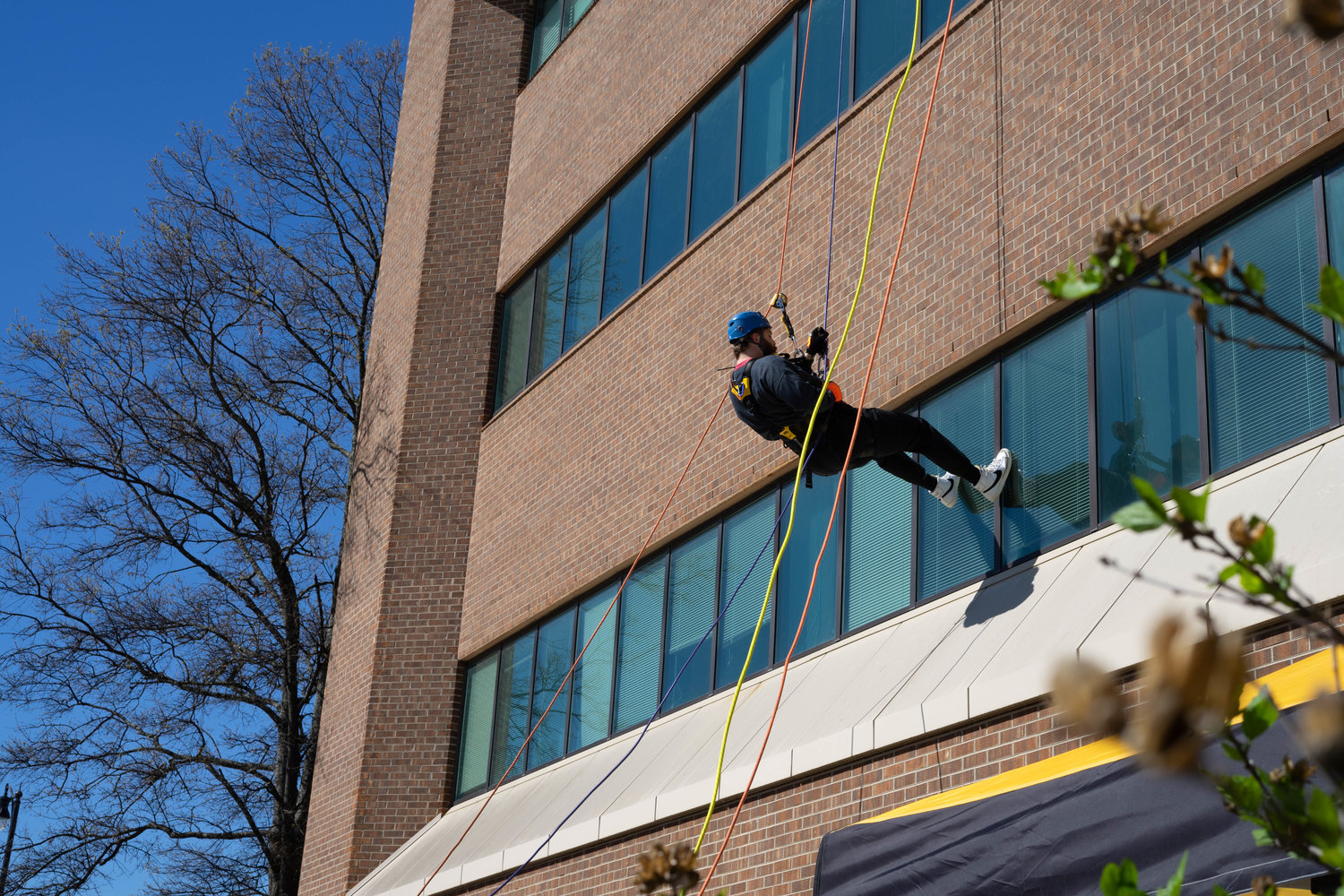 A volunteer slowly rappels down the building at United Way's Over the Edge fundraiser.
