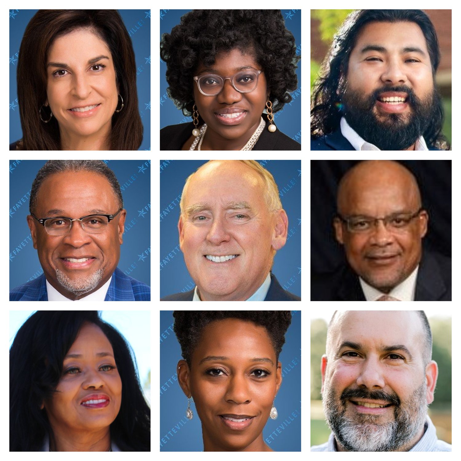 The Fayetteville City Council is debating a plan to change electoral terms from two years to staggered, four-year terms. From top left are Kathy Jensen, Shakeyla Ingram, Mario Benavente, D.J. Haire, Johnny Dawkins, Derrick Thompson, Brenda McNair, Courtney Banks-McLaughlin and Deno Hondros.