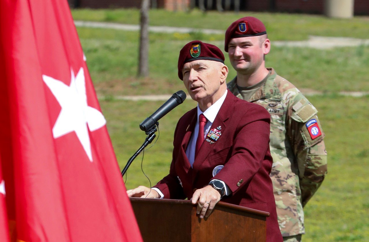 Retired Command Sgt. Maj. William J. Gainey, the first senior enlisted adviser to the chairman of the Joint Chiefs of Staff, speaks at the uncasing ceremony of Gainey Company on Fort Bragg on March 29, 2023. The uncasing ceremony will allow for the company to unveil its guidon and formally begin operations.