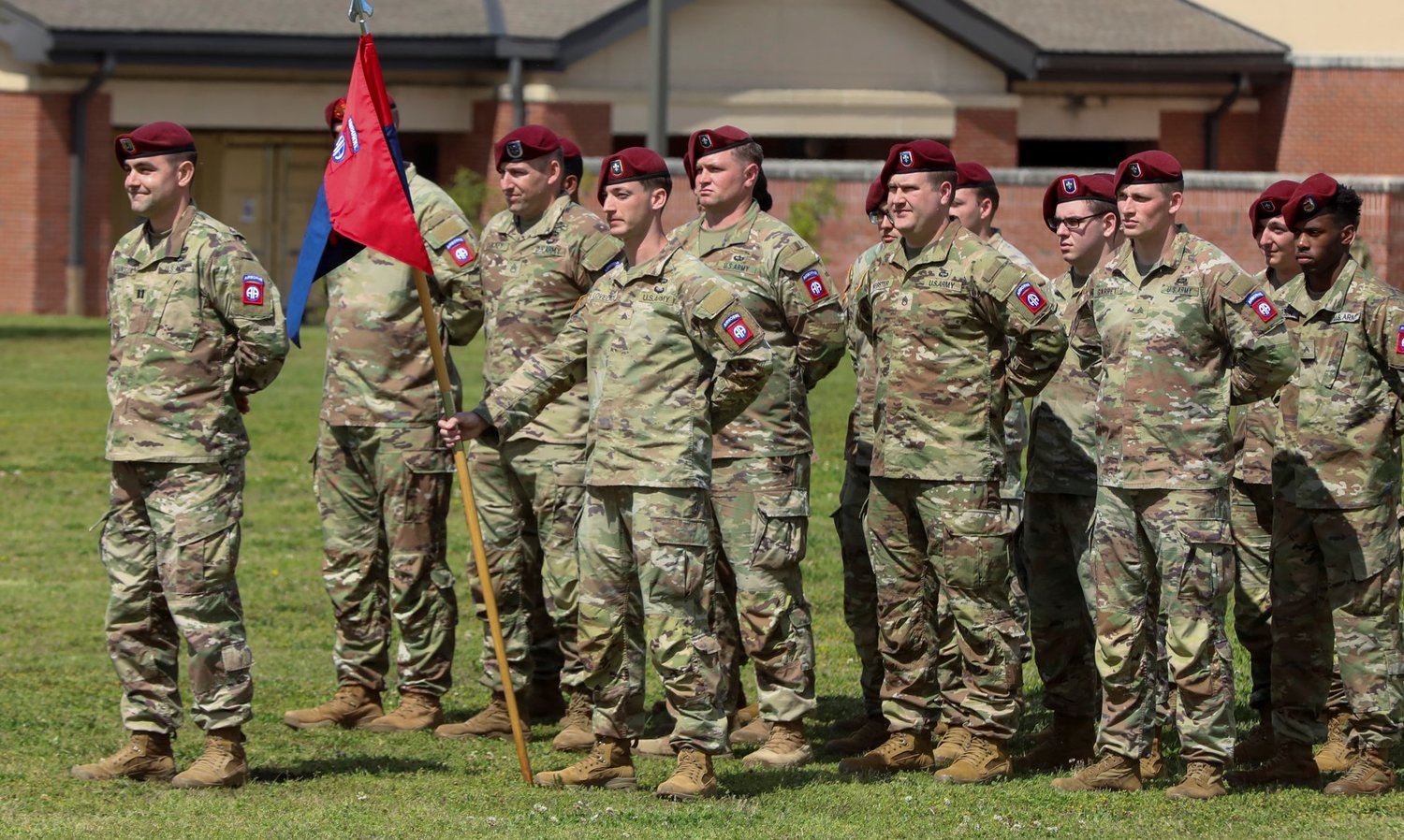 Paratroopers of Gainey Company, Headquarters and Headquarters Battalion, 82nd Airborne Division, stand in formation during the uncasing ceremony of Gainey Company on Fort Brag on March 29, 2023. The uncasing ceremony will allow for the company to unveil its guidon and formally begin operations.