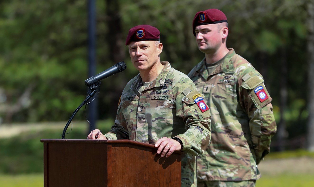 Maj. Gen. Christopher Laneve, commanding general of the 82nd Airborne Division, speaks during the uncasing ceremony of Gainey Company on Fort Bragg on Wednesday.