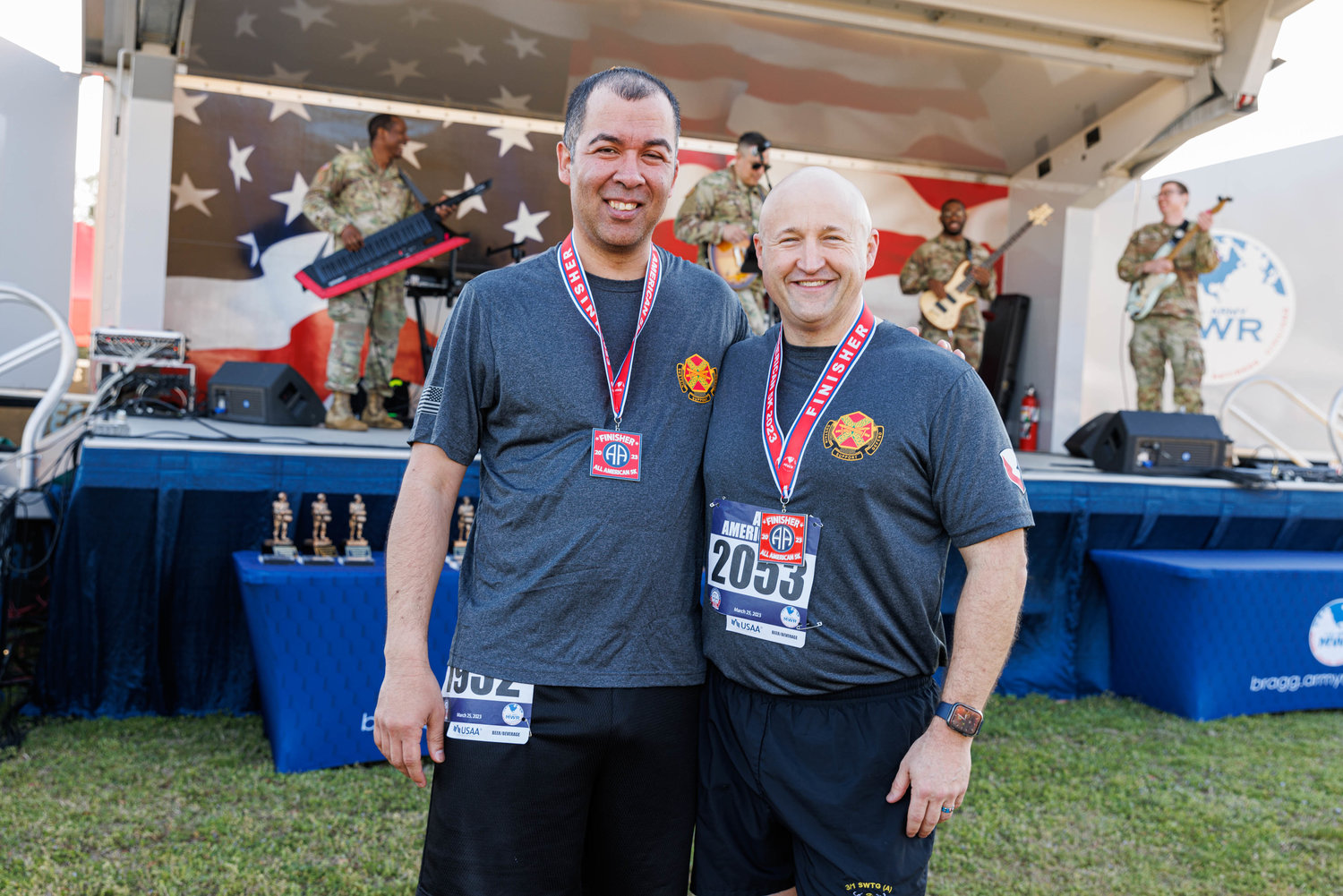 Col John Wilcox (R), Garrison Commander Fort Bragg, NC, and Command Sgt. Maj Gregory Seymour pose for a portrait during the All American Race on March 23, 2023.  Tony Wooten/CityView Media