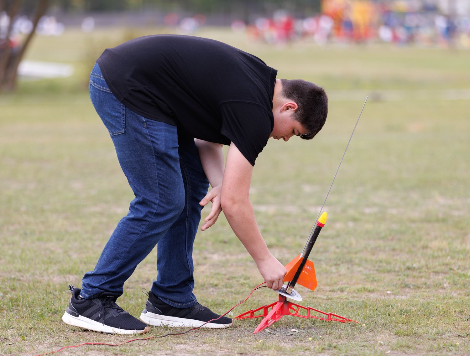 A rocket is set up to launch into the sky at the Seventy-First Classical Middle School STEM exercise on Wednesday.